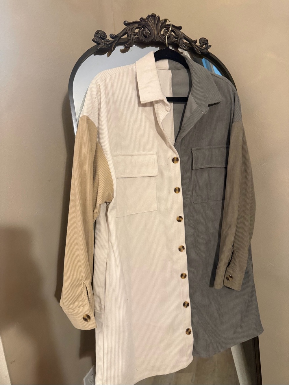 Colorblock Corduroy Button-Up Shirt Dress - White, Gray & Tan